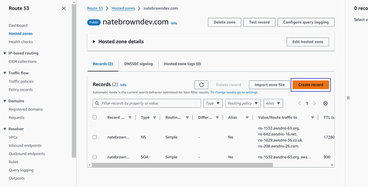 picture of adding an A record to a Route 53 domain